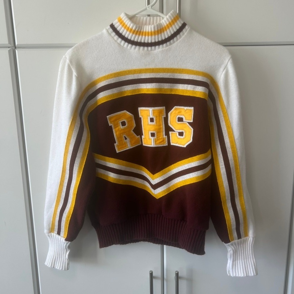 Vintage Hatchers Mfg RHS Cheerleader Sweater Maroon Gold White Stripe Large USA